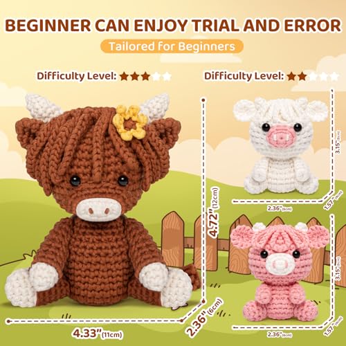 Mewaii Crochet Kit for Beginners, Crochet Starter Kit with Step-by-Step Video Tutorials, Crochet Complete Kit with 40%+ Pre-Started Yarn Content, Crochet Gifts for Adults Kids (3 Packs Highland Cow)