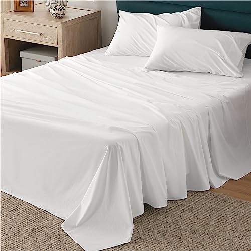 Bedsure Brushed Sheets Queen Size, 100% Cotton Sheets for Queen Size Bed, Extra Soft Pure White Sheets, Warm Bed Sheets with Deep Pocket up to 16", 4 Pieces Bedding Sheets & Pillowcases