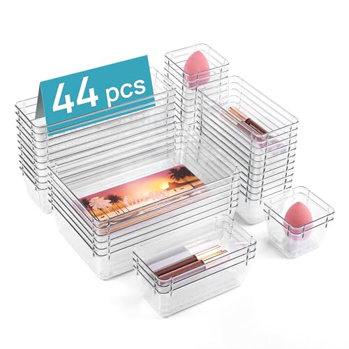 Vtopmart 44 PCS Clear Plastic Drawer Organizers Set, 4-Size Versatile Bathroom and Vanity Organizer Trays, Non-Slip Storage Containers for Makeup, Jewelries, Bedroom,Kitchen Utensils and Office
