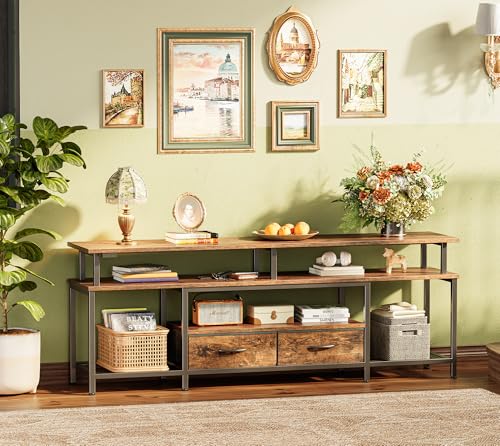 Huuger TV Stand for 65 70 75 Inch TV, Entertainment Center with Power Outlets and LED Lights, TV Console for Living Room, Media Console with Drawers and Shelves, Black