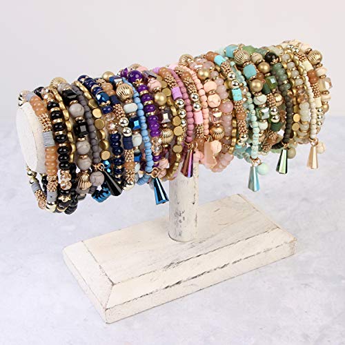 RIAH FASHION Bohemian Mix Bead Multi Layer Versatile Statement Bracelets - Stackable Beaded Strand Stretch Bangles Sparkly Crystal, Tassel Charm (Mix Bead Wood Charm Stretchy Set - Purple)