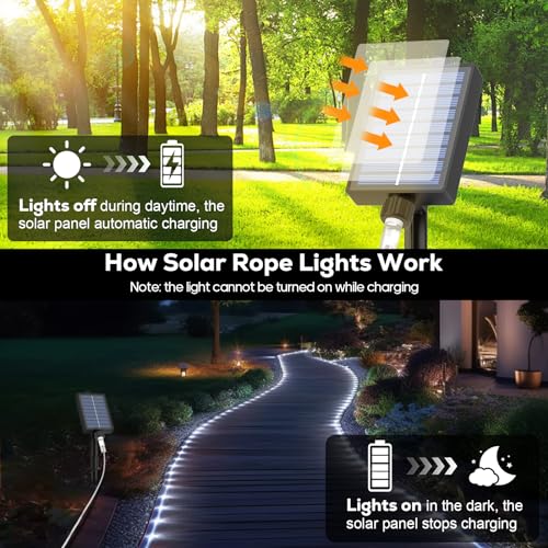 ICRGB Solar Rope Lights, 39FT 120LED Outdoor Solar Powered String Lights, IP67 Waterproof, 8 Modes, Dimmable and Timer, Remote Control Solar Lights for Outside Patio Porch Garden Pool Decor, White