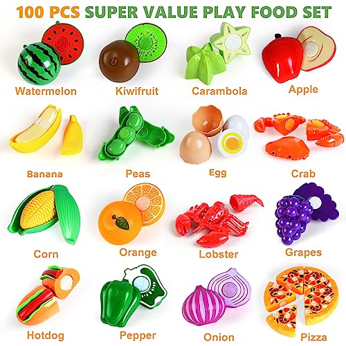 100 Pcs Play Food Set for Kids Kitchen, Pretend Food Toy for Toddlers Age 1-3, Plastics Cutting Fake Food/ Fruit/ Vegetable Accessories with 2 Baskets, Birthday Gifts for 2 3 4 5 Years Old Boys Girls