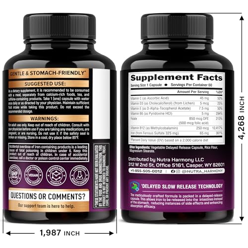 Iron Supplement for Women - Iron 65mg (Ferrous Sulfate 325mg) - Stomach Friendly | Slow Release Iron | High Absorption - Vitamins C, D3, B6, B12 & Folate - Iron Level & Energy Support - 60 Capsules