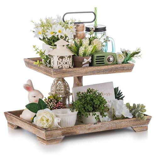 Hanobe Tiered Tray for Table Decor: 2 Tier Farmhouse Serving Stand Summer Decorative Tray for Coffee Bar Centerpiece Rectangle Wood Display Stands Kitchen Counter (Brown)