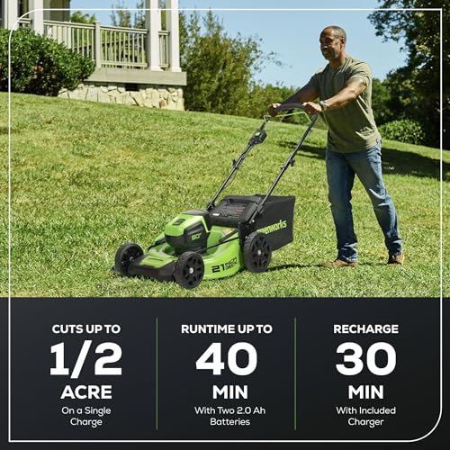 Greenworks 80V 21" Brushless Cordless (Push) Lawn Mower (75+ Compatible Tools), (2) 2.0Ah Batteries and 30 Minute Rapid Charger Included