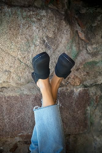 Sandgrens Handmade Swedish Wood Clogs for Women, Low Heel Mule US 5 | Tokyo Navy Nubuck LT, EU 36