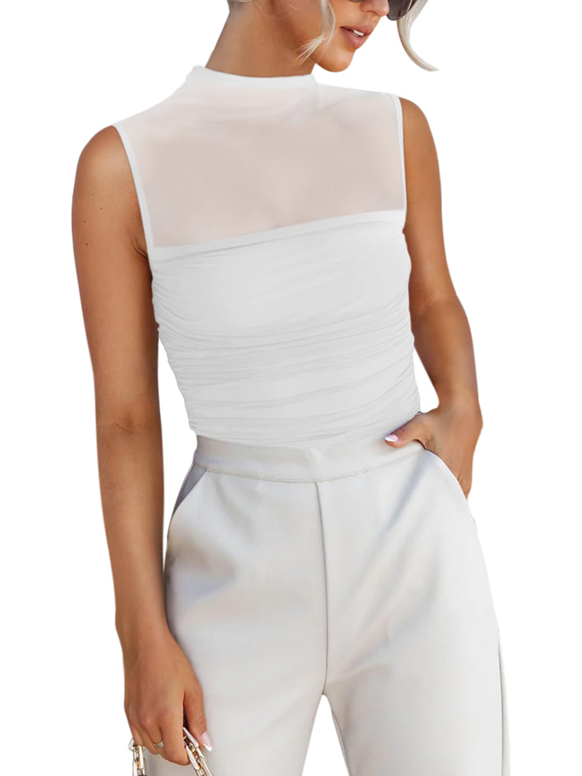 REORIA Sexy Bodysuits for Women Sheer Mesh Mock Neck Sleeveless Top Slim Fit Shirts Ruched Trendy Going Out Tops Cute Body Suit 2025 Outfits White Large