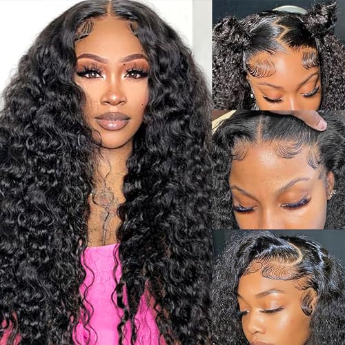 PIOPIC Lace Front Wigs Human Hair Water Wave Pre Plucked 13x6 Curly HD Transparent Lace Front Wigs with Baby Hair 200 Density Gluesless Human Hair Wigs for Women Natural Black Color 20 Inch