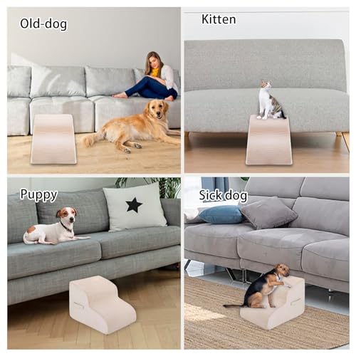 High Density Foam Dog Stairs Steps, 13.7’’ Non-Slip Extra Wide Deep Pet Steps for Beds Or Couches, for Injured or Older Pets Dogs and Cats with Joint Pain, 2-Tiers (Beige)