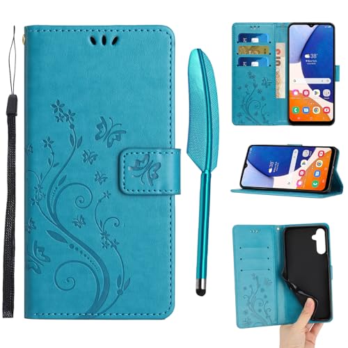 Mavis's Diary Galaxy S24 Flip Case with Card Holder Stylus Pen, Women Floral Embossing Leather Folio Cover Folding Phone Wallet Case Compatible with Samsung Galaxy S24 6.2" (Blue)