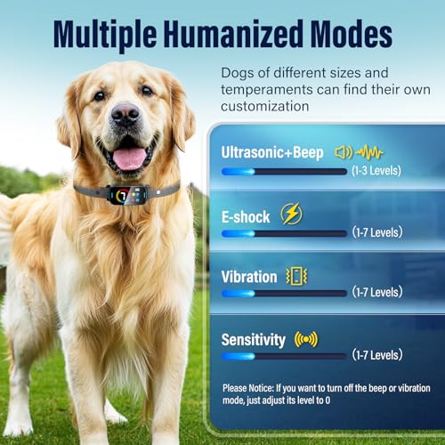 SLAYKAM Bark Collar for Large Medium Dogs Smart Ultrasonic Dog Bark Collar Deterrent Device Rechargeable Anti Barking Collar with Adjustable Ultrasonic Beep Vibration Shock and 7 Sensitivity (Black)