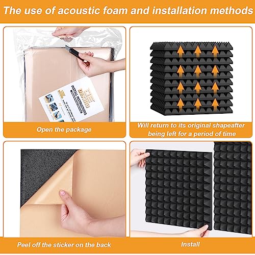 DEKIRU Sound Proof Foam Panels Fast Expand, Acoustic Wall Panels 1" X 12" X 12" High Density, Soundproof Wall Panels Self-adhesive Pyramid Design, Acoustic Foam For Wall Door & Ceiling, 12 Pack