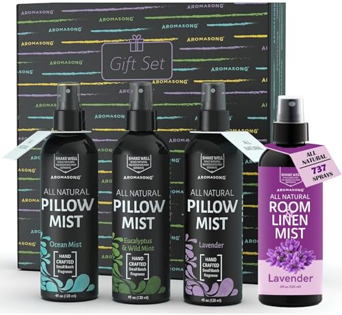 Aromasong Pillow Spray Gift Pack (Lavender, Ocean Mist, Eucalyptus) + Lavender Room & Linen Spray 4 fl oz – Relaxation, Deep Sleep, Calming Aromatherapy Bundle