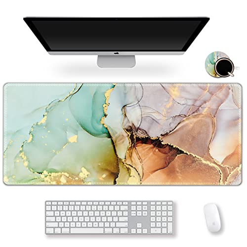 ARTSO Large Gaming Mouse Pad Extended Desk Pad XL Keyboard Mat Long Mousepad Decor Writing Pad 31.5x15.7inch Non Slip Rubber Base with Stitched Edges for Work, Game -White Gold Marble