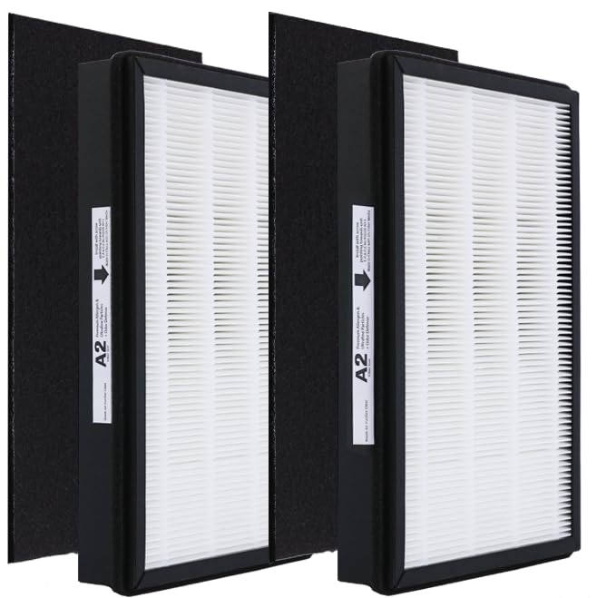A2 Size H13 True HEPA Replacement Filter, Compatible with Filtrete Room Air Purifier Devices FAP-C02-A2, FAP-C03-A2, FAP-T03-A2, Part # 1150101, 2 HEPA + 2 Carbon pre-filters, 2 Pack