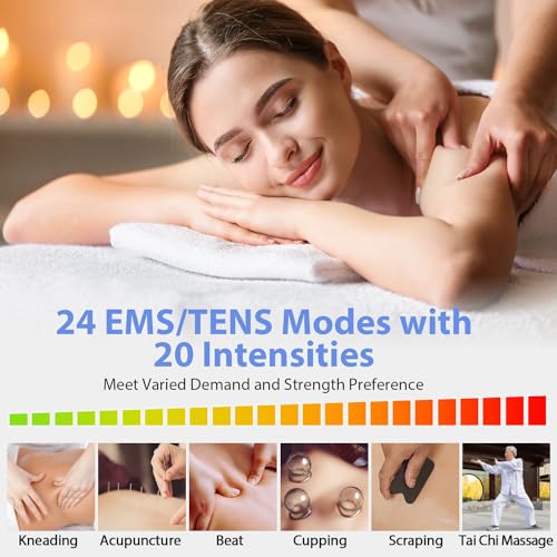 TEC.BEAN 24 Modes Tens Unit Muscle Stimulator, Rechargeable Tens Machine with 8 Electrode Pads (American Gel), Electric Pulse Massager for Pain Relief Therapy(Blue)