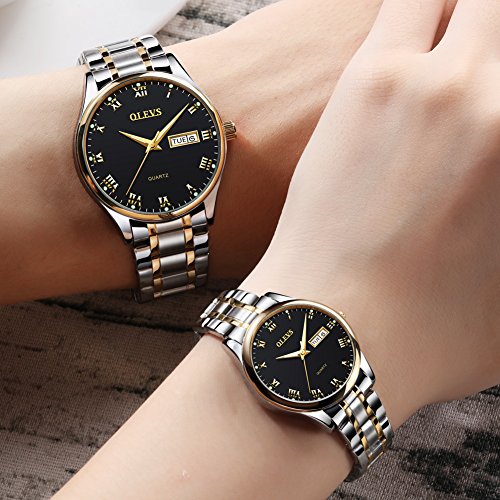 OLEVS Valentines Couple Pair Watches for Men and Women Lovers Romantic Wedding Gifts Set of 2,His and Hers Business Black Dial Quartz Day Date Wrist Watch Waterproof Luminous with Stainless Steel Band