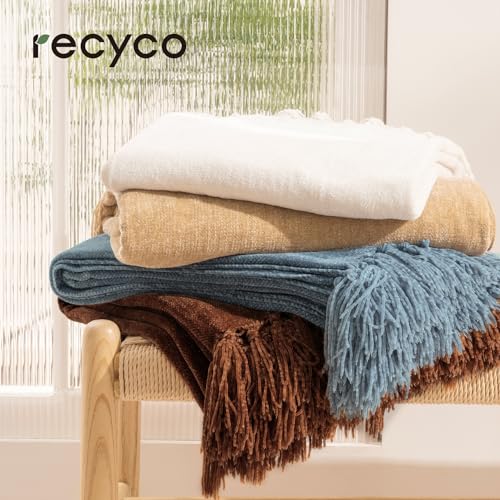 RECYCO Buffalo Paid Chenille Throw Blanket for Couch, Soft Cozy Decorative Buffalo Check Blanket Throw with Tassels for Bed Sofa, Lightweight Chenille Knitted Throw, Plaid Navy Off White, 50'' x 60''
