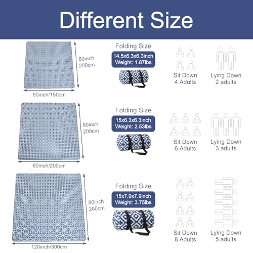 NKTDWO Waterproof Picnic Beach Blanket, 60’’x80’’ Sandproof Outdoor mat with Adjustable Strap, Durable 4 Layers Park Blanket for Picnic Travel Camping Hiking Outdoor Concert (Sky Blue)