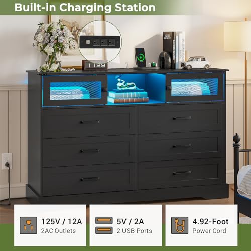 Hasuit 6 Drawer Dresser with LED Lights and Charging Station, Farmhouse Chest of Drawers Closet Organizer, Clothes Storage Cabinet Double Dressers for Bedroom, Living Room, Hallway, Black