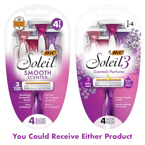 BIC Soleil Smooth Scented Women’s Disposable Razor, 3 Blades with a Moisture Strip For a Silky Shave, Assorted, 4 Piece Razor Set