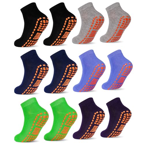 ELUTONG Trampoline Socks for Kids with Grips Non Slip 6 Pairs Bounce House Grip Socks for Kid Boys Girls (2-13 Years)