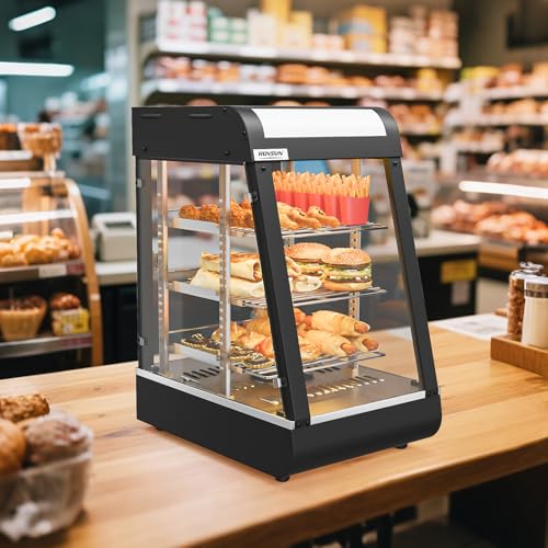 ROVSUN 15" Commercial Food Warmer Display Pizza Warmer, 3-Tier Electric Countertop Food Warmer w/LED Lighting Adjustable Removable Shelves Glass Door, Pastry Display Case for Buffet Restaurant, 1000W