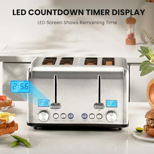 4 Slice Toaster, Roter Mond Countdown Stainless Steel Toaster with Bagel, Defrost, Cancel Function, Dual Toaster Extra Wide Slots, 6 Bread Shade Settings Bread Toaster, Removable Crumb Trays, 1650W