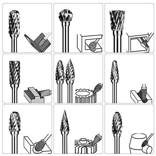 Carbide Burr Set, Die Grinder Bits, 10 PCS 1/8" Shank Double Cut Tungsten Carbide Rotary Burrs Set Compatible with Dremel Bits for Metal Wood Carving Engraving Polishing