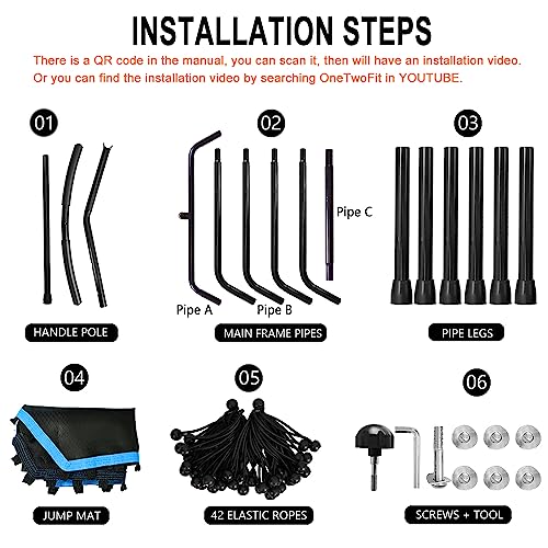 ONETWOFIT 48" Silent Mini Trampoline with Adjustable Handle Bar Fitness Trampoline Bungee Rebounder Jumping Cardio Trainer Workout for Adults Blue