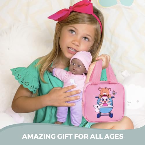 Baby Doll Set – 7 Piece Adorable Baby Doll Accessories with 2 Baby Doll Bottles, 2 Doll Pacifiers, Comb and Mirror – Baby Doll Toys for Kids in a Cute Bag with Handle – Disappearing Baby Doll Bottle