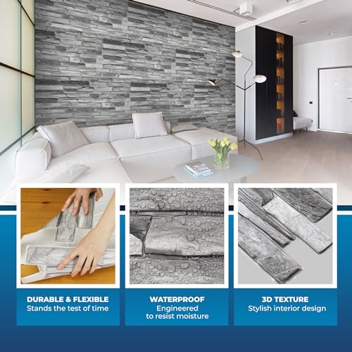 Smart Profile 3D Wall Panel - PVC Casted Faux Stone - 50 Sq Ft for Full Wall Interior Coverage - Heat, Scratch & Moisture Resistant Design for Home, Kitchen, DIY - Silver Slate - 38.6" x 19.6"