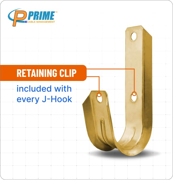 Prime Cable Management 1 5/16 Inch Heavy Duty Metal Cable & Wire Support J-Hook Hangers for Wall Mounting & Attaching to Vertical Surfaces for Cable & Wire Management