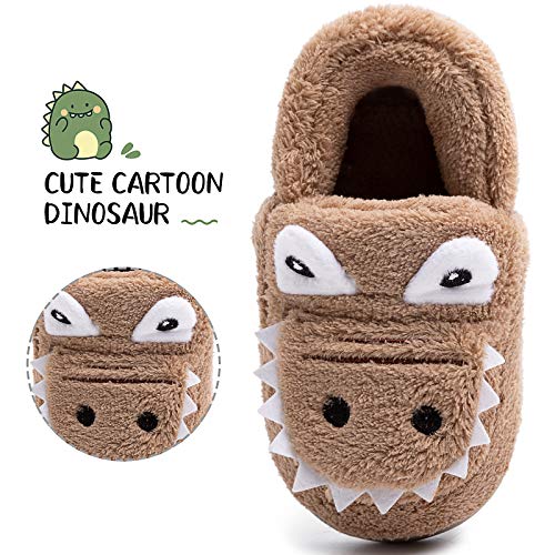 techcity Boys Girls Warm Slippers Winter Indoor House Home Shoes for Toddler Kids Cute Dinosaur Fur Lined Slippers