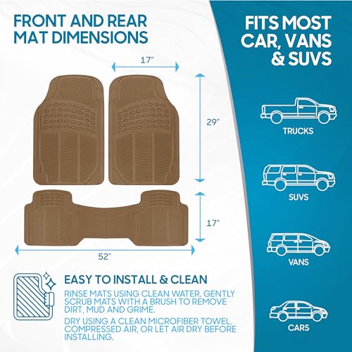 BDK All Weather Rubber Floor Mats for Cars - Fit 3 Rows Full Set, Heavy Duty Car Mats - Fit Well, Easy to Install & Clean No Slip Design - Universal SUV, Van, & Car Accessories (Beige)