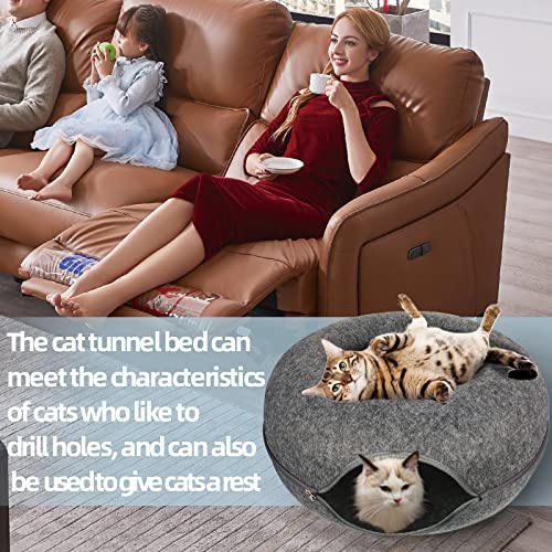 Cat Tunnel Bed, Cat Tunnels for Indoor Cats Large, Peekaboo Cat Cave, Cat Hideaway Folded Cat Donut Tunnel, Detachable Round Felt & Washable Interior Cat House (20 in * 20 in* 9 in Medium) Dark Gray