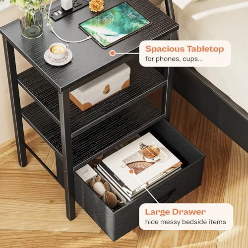 SUPERJARE Nightstand Set of 2, Bed Side Tables with Charging Station, Adjustable Fabric Drawer, Night Stand for Bedroom, 3-Tier Storage End Tables, for Living Room, Rustic Brown