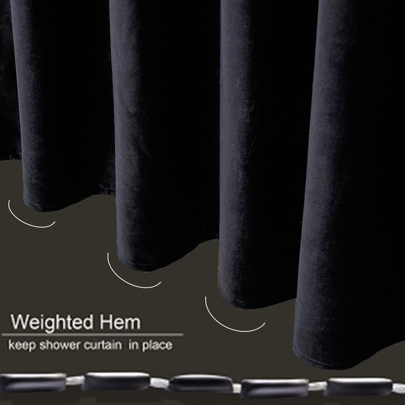 Shower Curtain Black Velvet Fabric 260 GSM Heavy Duty Luxury Shower Curtain with Hooks, Thicken,Washable, Waterproof for Bathroom Hotels, Bathtubs, 72 x 72 inches