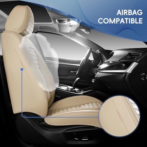 GEEYONTEK Car Seat Covers Front Set, Leather Seat Covers Front and Rear 2pcs Seats with Headrest Pillow, Airbag Compatible, Universal Seat Protectors Suitable for Most SUV Trucks Pick-up(Beige)