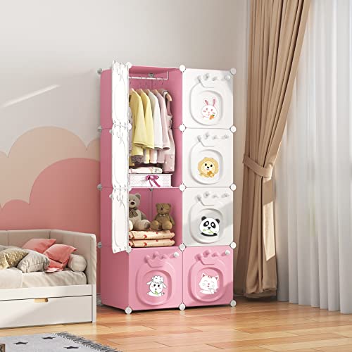 MAGINELS Kids Wardrobe Closet,Baby Closet Cabinet with Door.Baby Girls Closet Armoires Organizer for Bedroom.The Open Hanging Children Costume Area and 6 Cube Stroage.Pink(28x14x56inch)