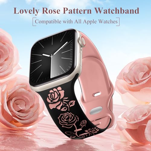 Maledan Fancy Engraved Band Compatible with Apple Watch Bands Women 42mm 44mm 49/45mm, Two-tone Silicone Elegant Rose Flower Pattern Sport Strap for iWatch Series 9 8 SE 7 6 5 4 3 2 1 Ultra Wine Red