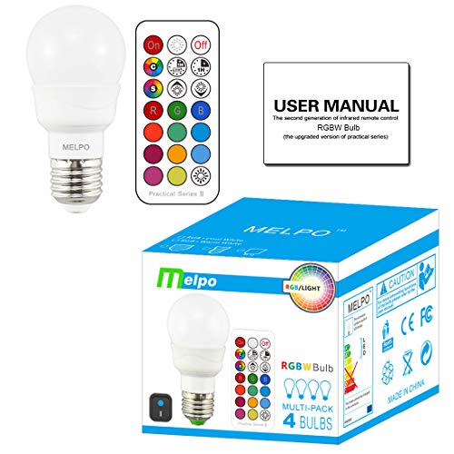 MELPO LED Color Changing Light Bulb with Remote Control, 5W 40W Equivalent, 500LM,5700K, E26 Dimmable RGB Light Bulbs for Birthday Party/KTV Decoration/Household/Bar/Wedding (Pack of 4)