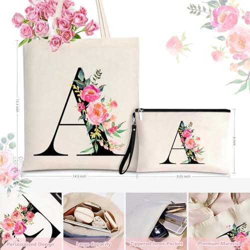 Initial Canvas Tote Bag for Women, Personalized Monogrammed Tote Bags with Makeup Gift Bag for Wedding Bridesmaids Birthday