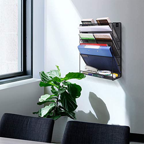 TreeLen Mesh Hanging Wall File Organizer 6 Tier Vertical Mount, Durable Wall File Holder with Bottom Flat Tray for Office Home, Black