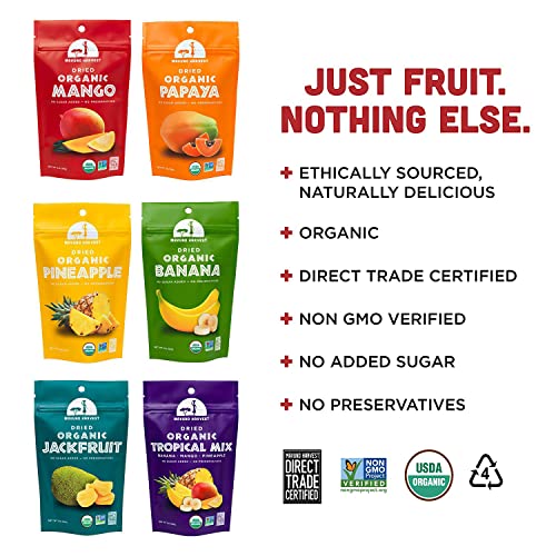 Mavuno Harvest Organic Dried Fruit Variety Pack | Dried Mango, Pineapple, and Jackfruit | Healthy, Vegan, No Sugar Added, Non GMO Snacks for Kids & Adults | 2 Ounce, Pack of 3