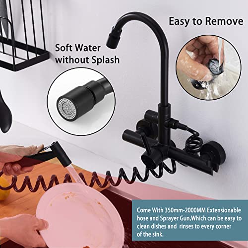 Wall Mount Kitchen Faucet 8 Inch Faucets Matte Black Faucet for Kitchen, with Spray Gun and 2 Water Jet, Swivel 360° spout Wall faucets, Wall mounting Kitchen Faucet