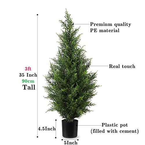 Artificial Topiary Cedar Trees 3FT Artificial Cedar Pine Tree Potted UV Rated Plant Fake Plants Tall Artificial Plants Shrubs for Indoors Outdoors Garden Home Decor (2 Pack)