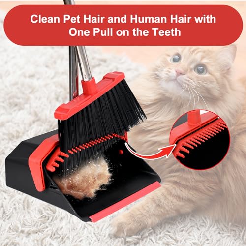 Tiumso Upgrade Broom and Dustpan Set with 51'' Long Handle, Large Upright Brooms and Dust Pans, ZeroGap Lip, Self-Cleaning Dustpan Teeth for Lobby Kitchen Office Restaurant - Blue