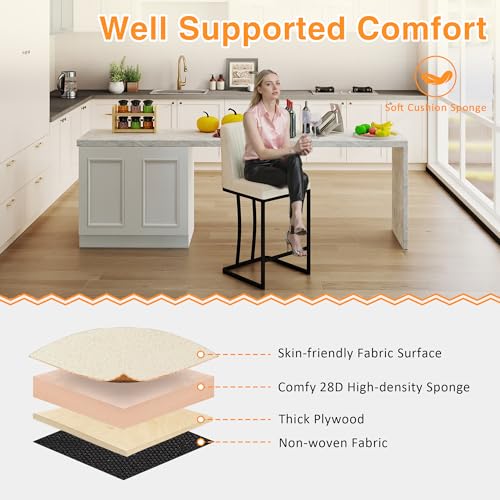 LSSPAID Counter Height Bar Stools Set of 2, 24.8 Inch Modern Upholstered Fabric Kitchen Island Chairs with Backrest and Footrest, Black Metal Leg for Kitchen Counter, Beige
